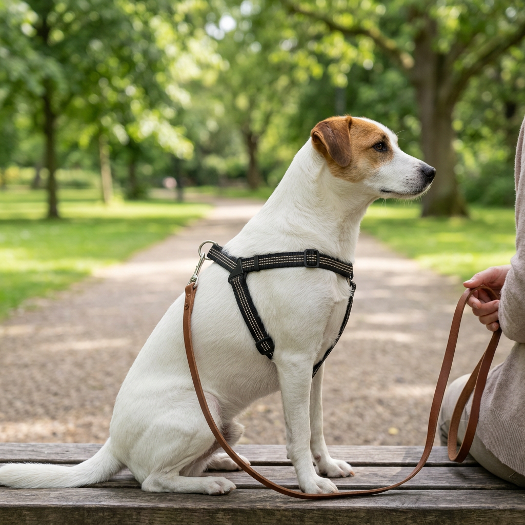 jack russell assis au parc avec harnais en Y pour chien noir