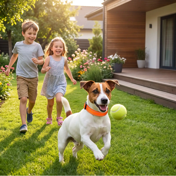 jack russell porte collier pour chien orange joue balle avec enfants
