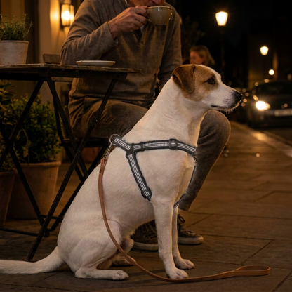 jack russell porte harnais en Y pour chien assis à côté son maitre terrasse