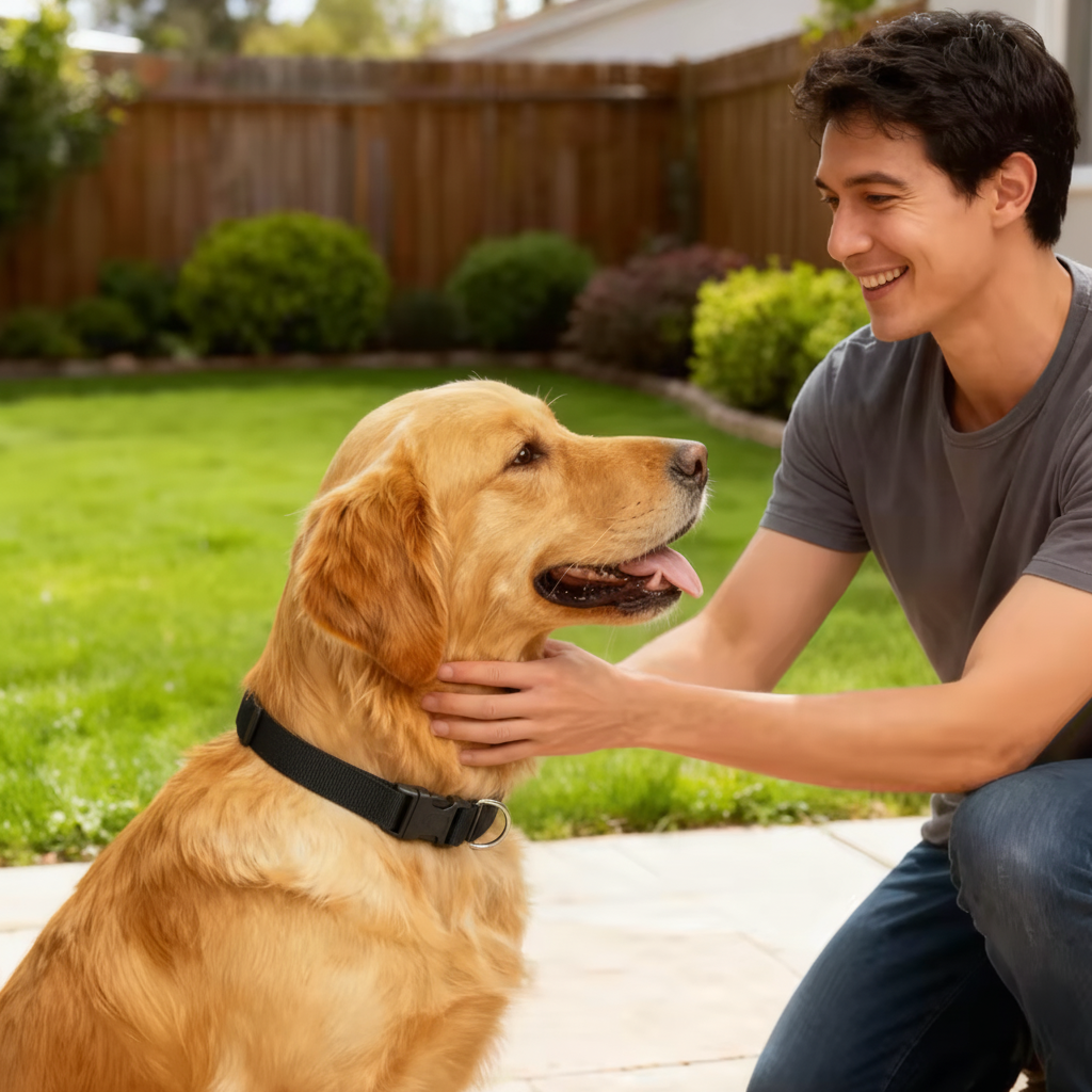 jardin arrière maison homme caresse labrador collier pour chien 