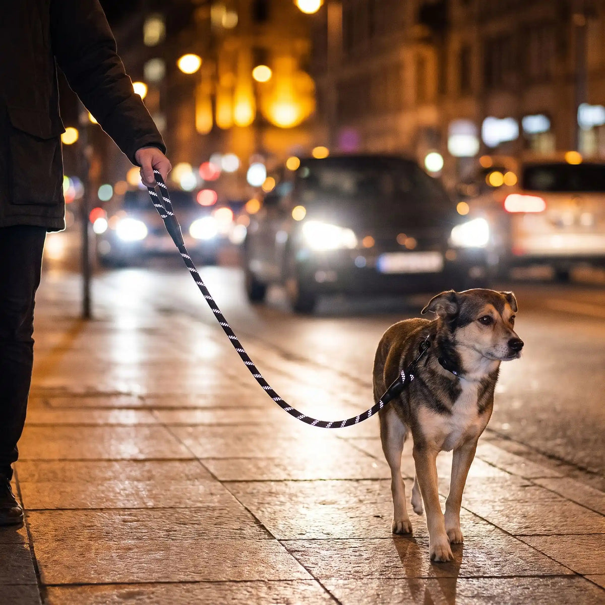 labrador avec laisse chien réfléchissante marche sur trottoir nuit