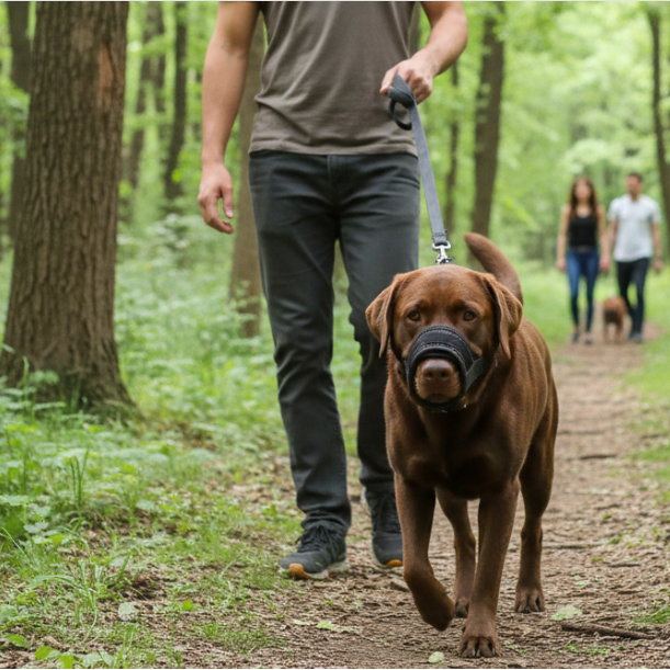 labrador brun en forêt avec muselière noire visible