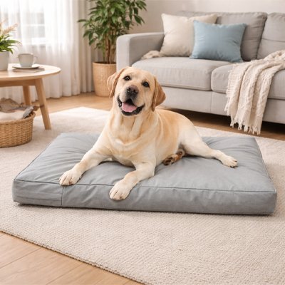 labrador confortable sur coussin pour chien orthopedique gris