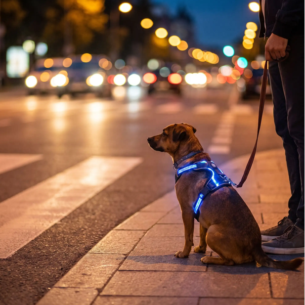 labrador équipé harnais lumineux led chien bleu attend pour traverser chaussée piéton