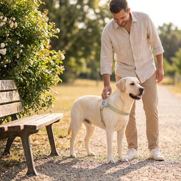 labrador harnais en Y chien jaune avec maitre devant banc 