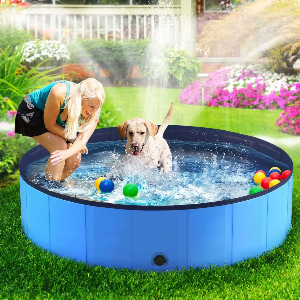 labrador joue dans piscine pour chien pvc avec balles