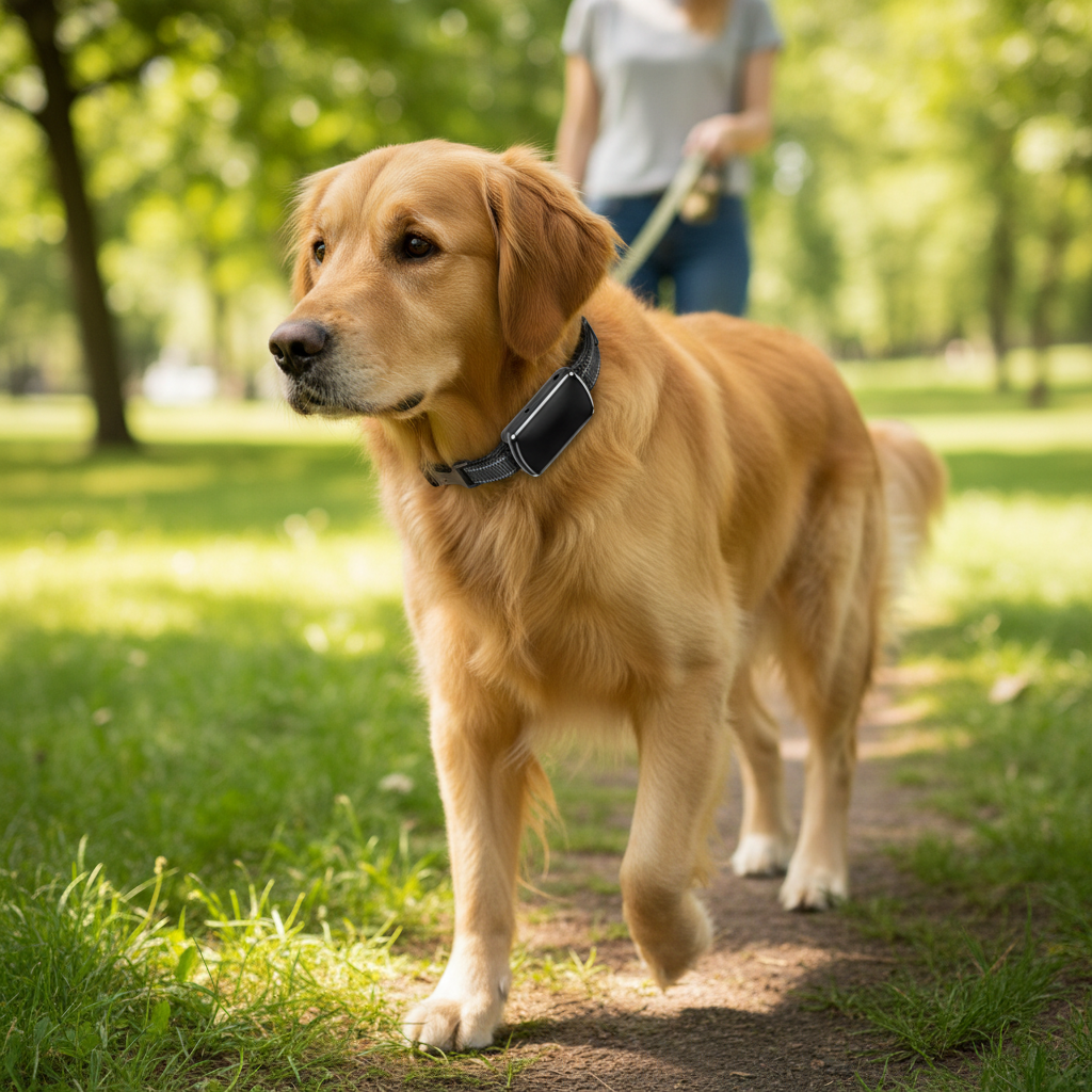 labrador portant collier gps chien promène dans parc