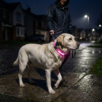 labrador porte collier lumineux pour chien rose sous pluie