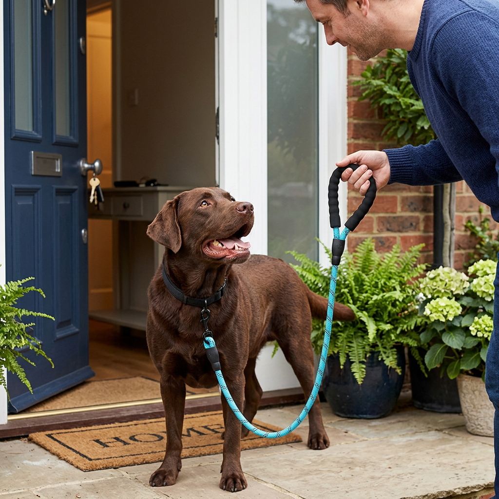labrador prêt partir en balade avec maitre et laisse chien bleue