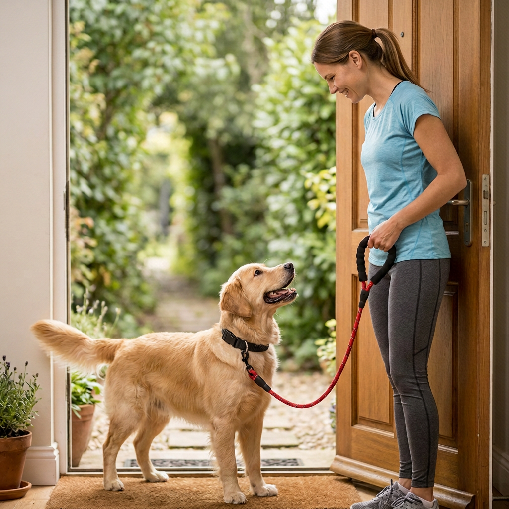 laisse chien tenue par une femme devant une porte.