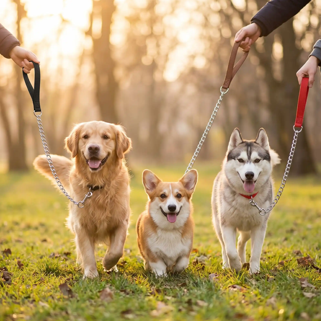 laisse de chien en chaîne métallique noire marron rouge sentier