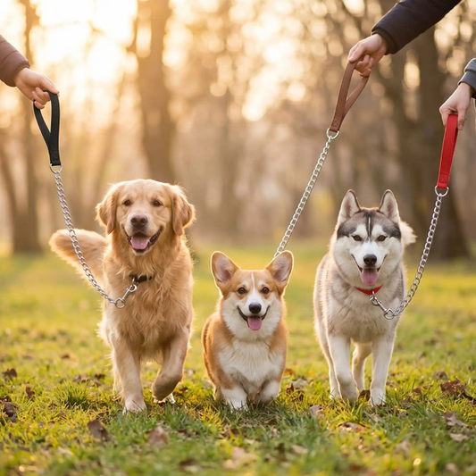 laisse de chien en chaîne métallique noire marron rouge sentier