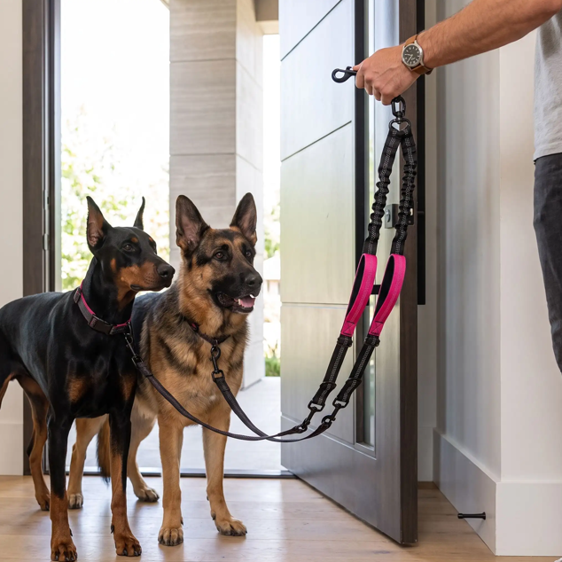 laisse double pour chien rose reliant deux chiens devant porte maison 
