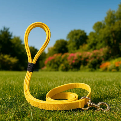 laisse pour chien jaune sur gazon