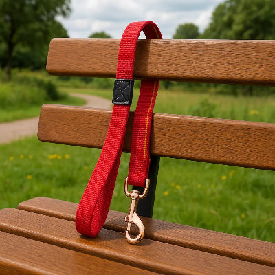 laisse pour chien rouge branche banc parc
