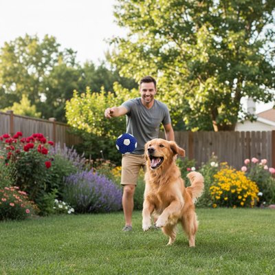 lancee par proprietaire golden retriever attrape balle chien 