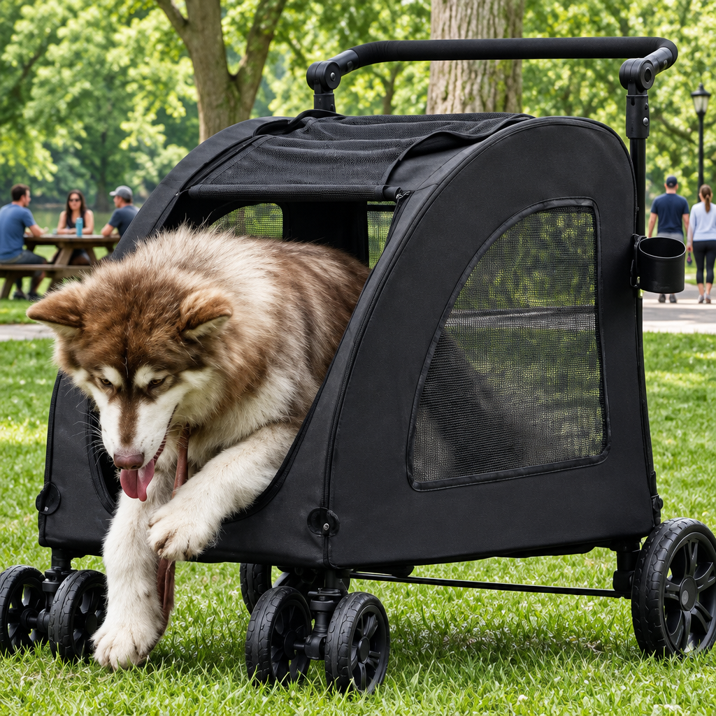 malamute sortant poussettes pour chiens noire parc