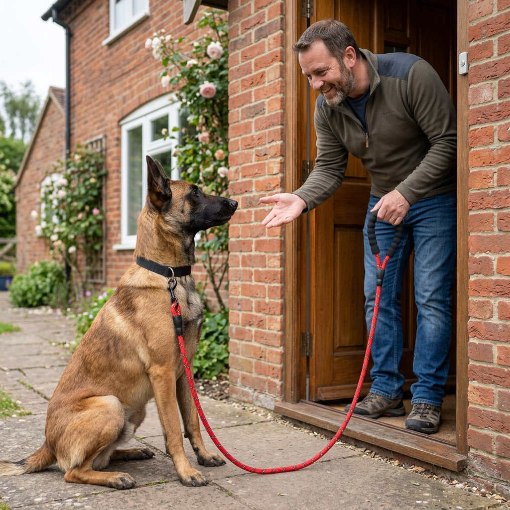 malinois laisse chien rouge refusant de rentrer et son maitre l'invite