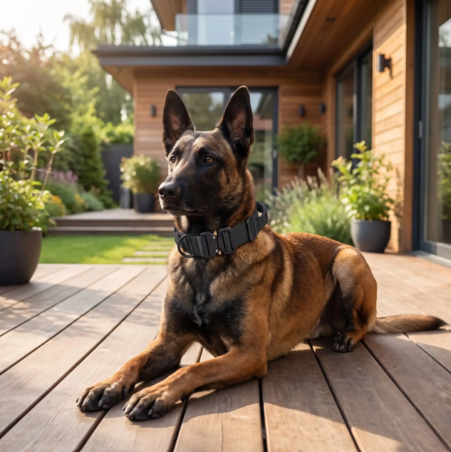 malinois portant collier tactique chien noir assis terrasse derrière maison