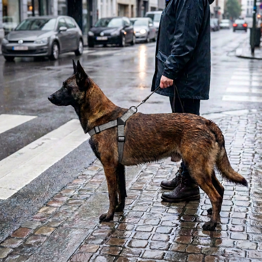 malinois portant harnais en Y pour chien debout sur trottoir pavé mouillé