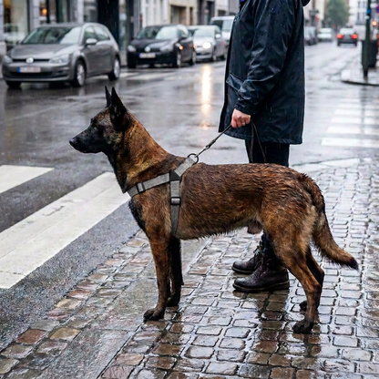 malinois portant harnais en Y pour chien debout sur trottoir pavé mouillé