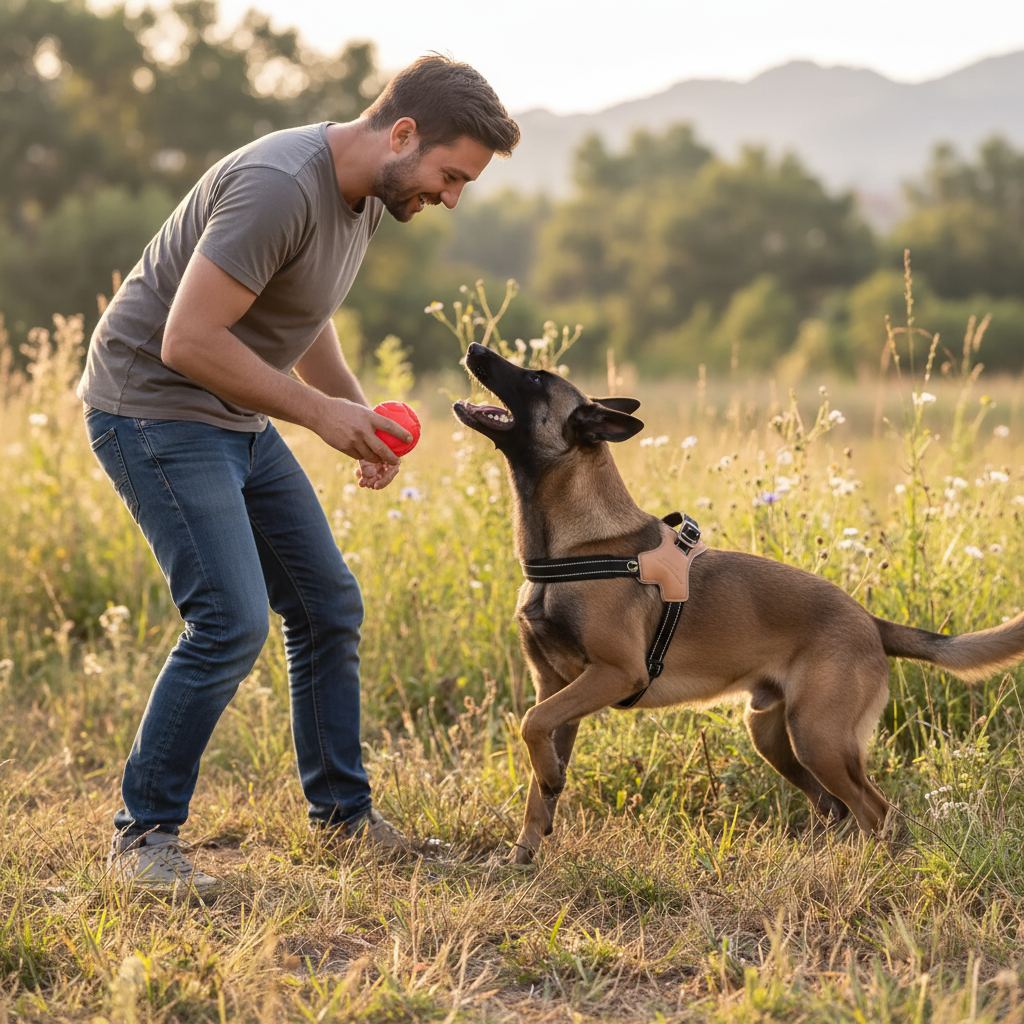 malinois porte harnais en y chien noir joue balle avec maitre
