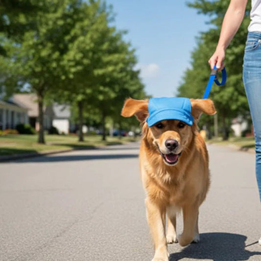 max promene rue avec casquette chien bleu sur museau 