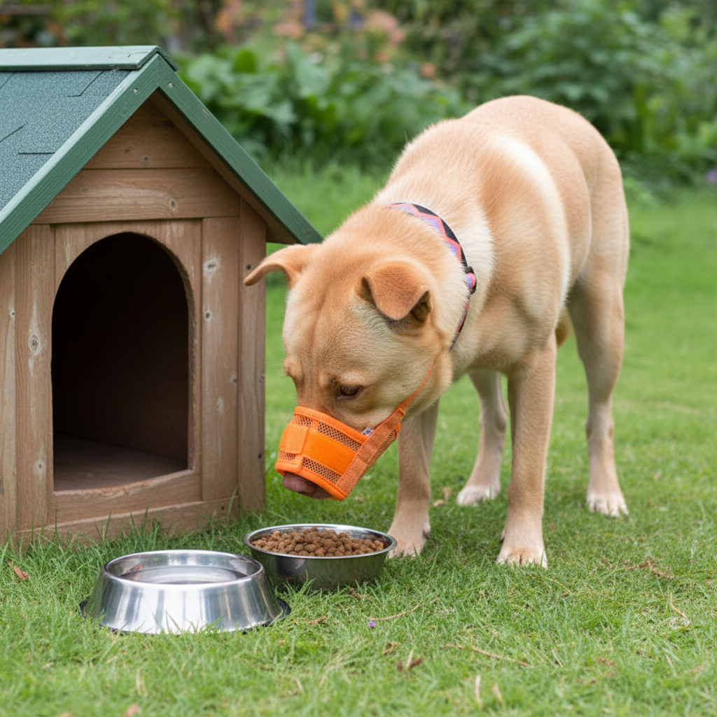 muselière orange labrador devant niche avec deux gamelles