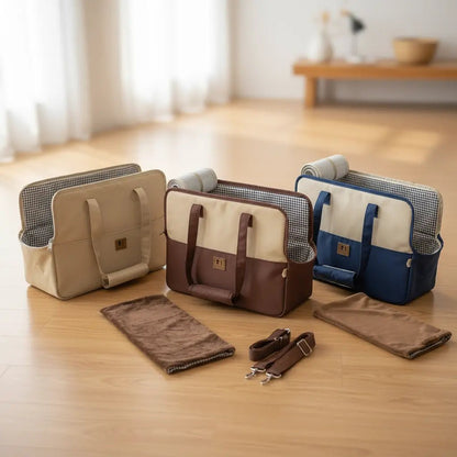 par terre trois sacs transport chien avec trois couleurs differentes 