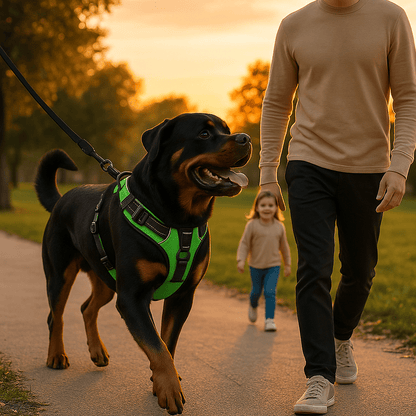 pere fille rottweiller avec harnais pour chien vert marchent