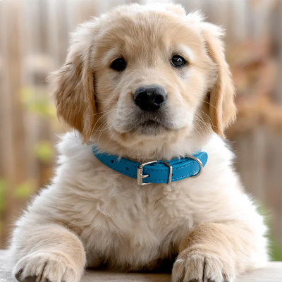 petit golden retriever vetu collier pour chien bleu