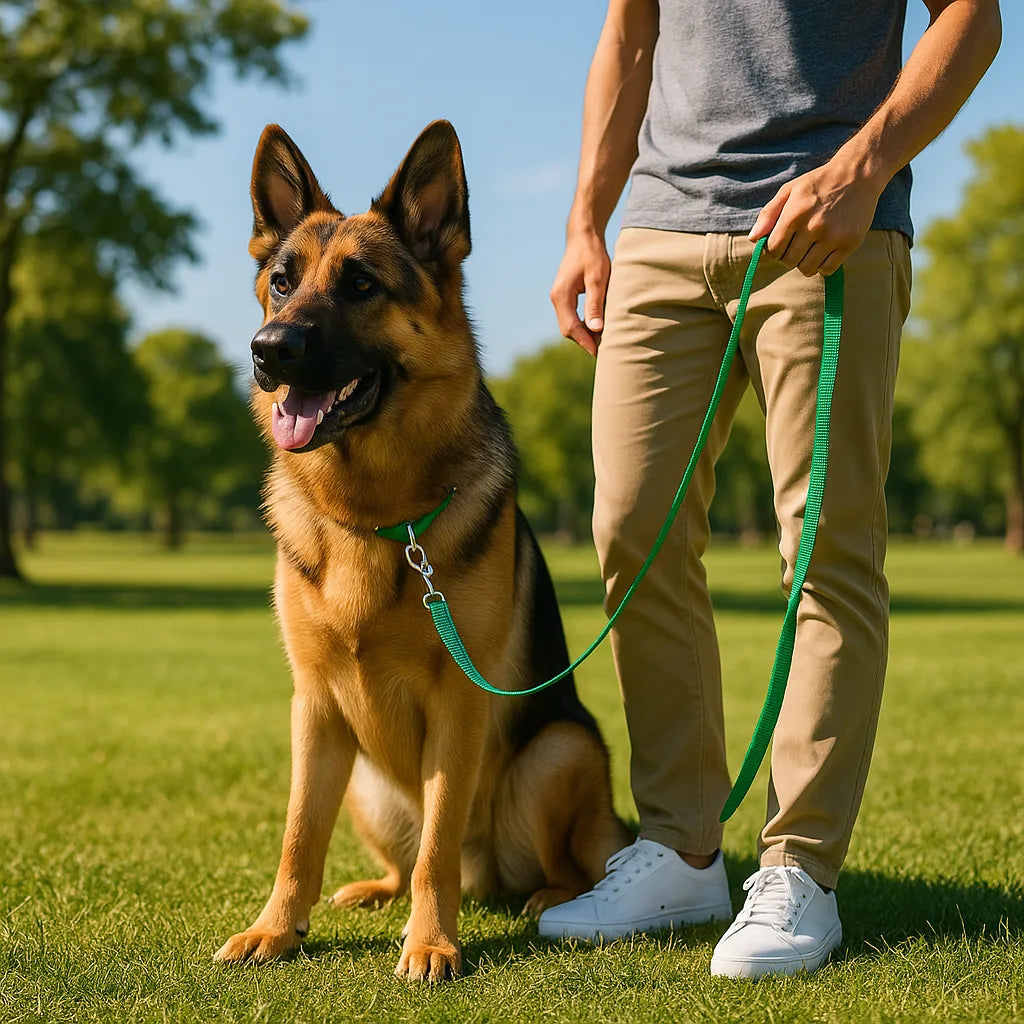 philippe au parc avec berger allemand avec longe pour chien verte