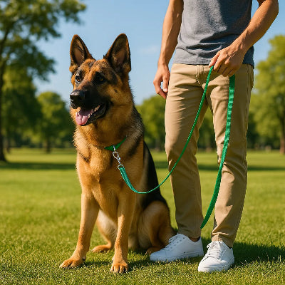 philippe parc avec berger allemand avec longe pour chien verte