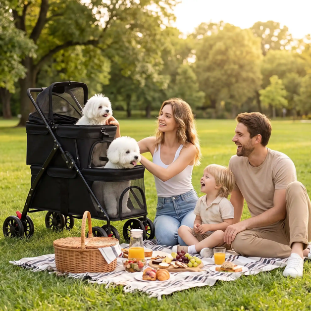 picnic trois personnes deux caniches  poussette pour chien noire