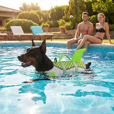 piscine doberman nageant avec gilet de sauvetage chien vert