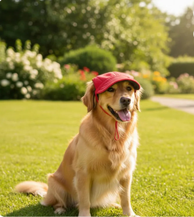 portant casquette chien protectrice rouge  gazon golden prend photos