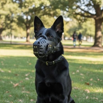 porte museliere pour chien​ securise berger noir assis parc