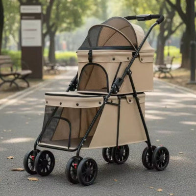 poussette pour chien beige avec boucle de securite renforcee 