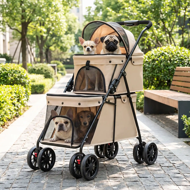 poussette pour chien beige avec quatre différentes races