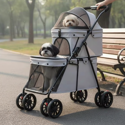 poussette pour chien grise avec deux panneaux en maille 
