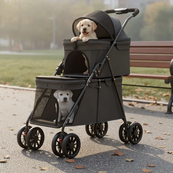 poussette pour chien noire avec deux petits labradors crème et blanc