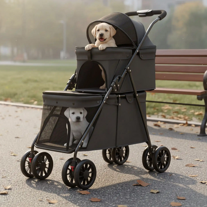poussette pour chien noire avec deux petits labradors crème et blanc