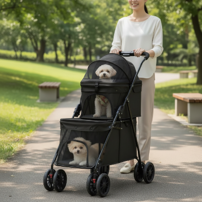 poussette pour chien noire double compartiment tissu oxford epais