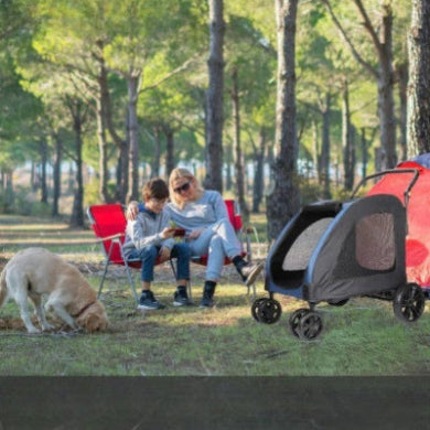 poussettes pour chiens grande taille en foret famille