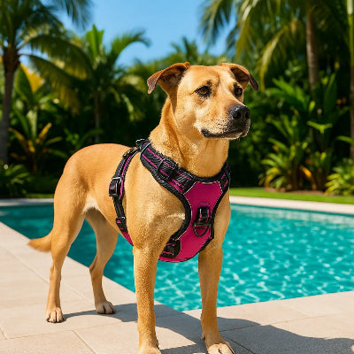 pres piscine avec harnais pour chien rose max regarde visiteurs