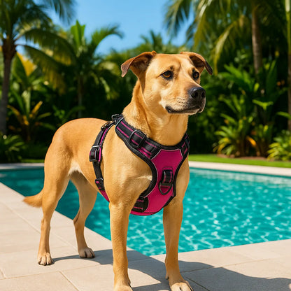 pret piscine avec harnais pour chien rose max regarde visiteurs
