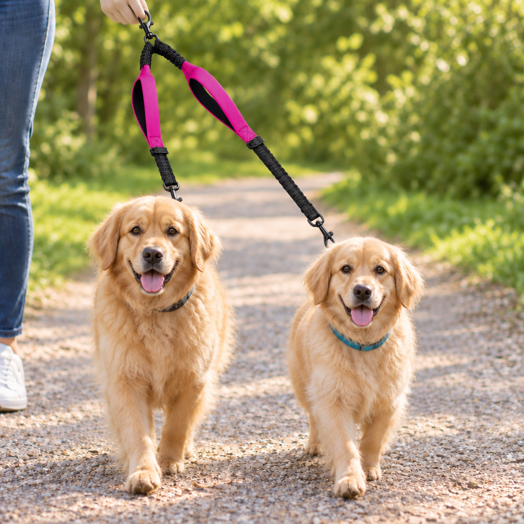 promenade deux golden avec double laisse pour chien rose sentier