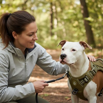 promenade securisee en foret avec harnais chien tactique