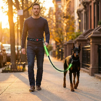 promenade urbaine elegante avec laisse chien main libre verte