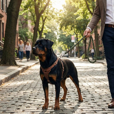 promenade urbaine rottweiler avec laisse chien tressee verte